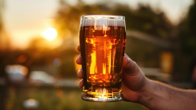 Closeup of a hand holding a beer glass against a sunset backdrop