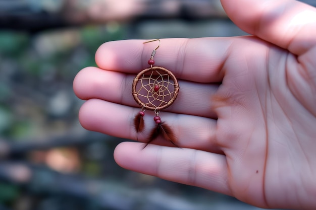 Closeup of a hand holding a dreamcatcher earring