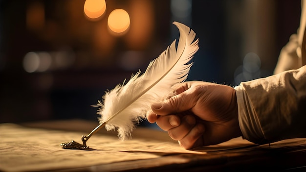 Closeup of a hand holding a feather quill