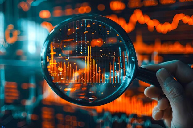 Closeup of a hand holding a magnifying glass over a detailed stock chart for financial data analysis