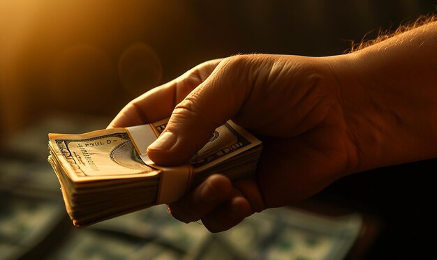 Photo closeup of hand holding money stack