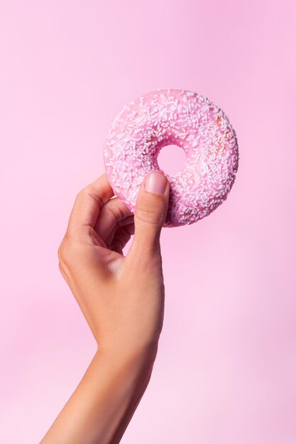 closeup hand holding pink donut