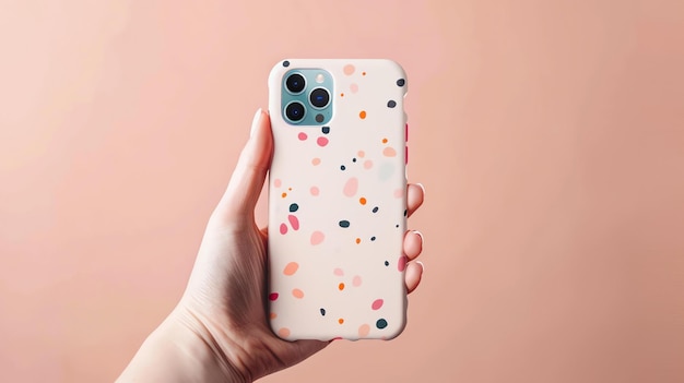 Photo closeup of a hand holding a polka dot patterned smartphone against a pink background
