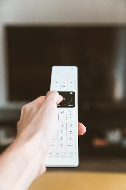 Closeup of hand holding remote control