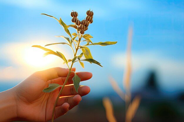 Closeup hand holding seeds against sky background