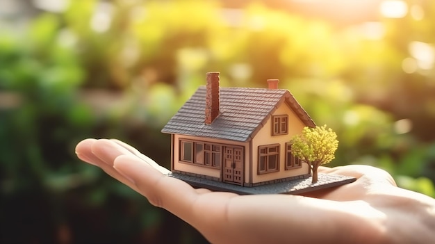 closeup of hand holding a small house with nature background