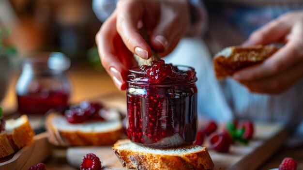 Photo a closeup of a hand holding a small jar of homemade jam ready to be spread on freshly baked bread