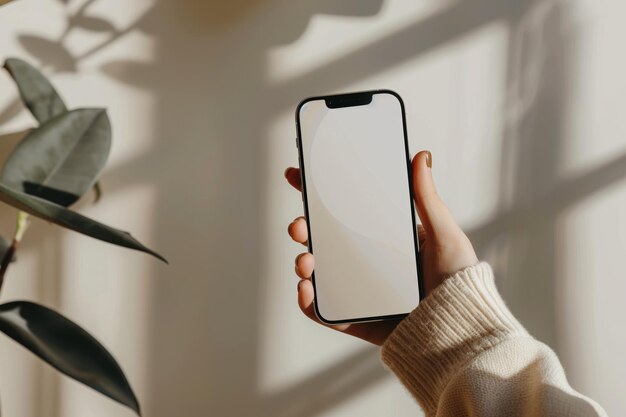 Photo closeup of hand holding a smartphone white screen is blank the background is beige blurredmockup