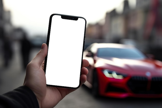 Closeup hand holding smartphone with empty screen mockup and red car