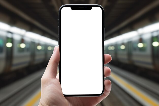 Closeup hand holding smartphone with empty screen mockup and train application