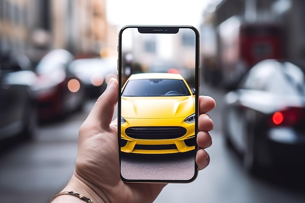 Photo closeup hand holding smartphone with ev car on screen with moder ncar on background generative ai