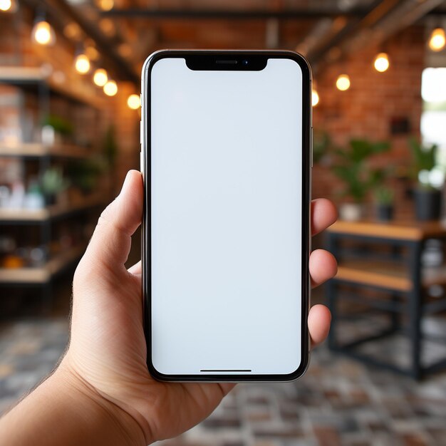 Closeup of a hand holding a smartphone with fullywhite screen screen is white and is blank the ba