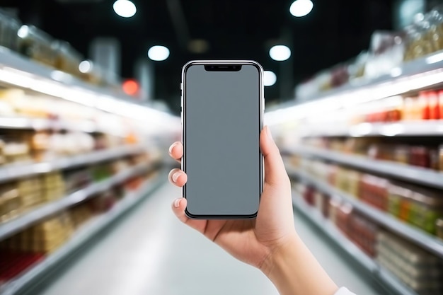 슈퍼마켓 선반의 흐릿한 배경에 모바일 화면이 있는 스마트폰을 들고 있는 손을 닫습니다.