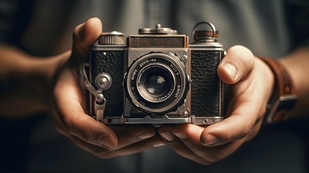 A closeup of a hand holding a vintage camera