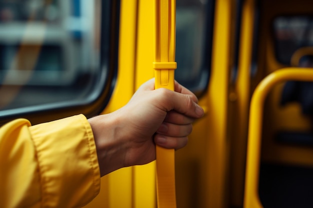 Photo closeup hand holding yellow handle in the bus