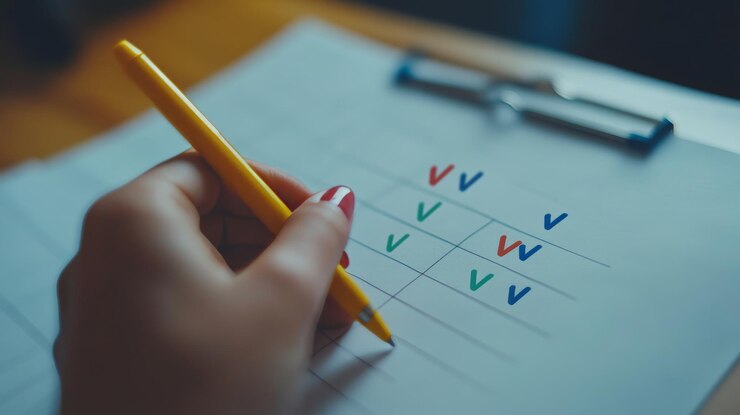 Photo closeup of hand holding yellow pen checking off boxes on checklist with three colored check marks