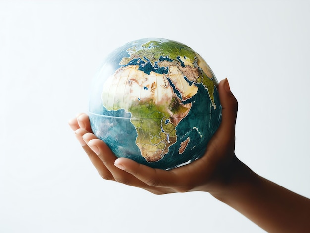 Closeup of a hand is holding a earth white background