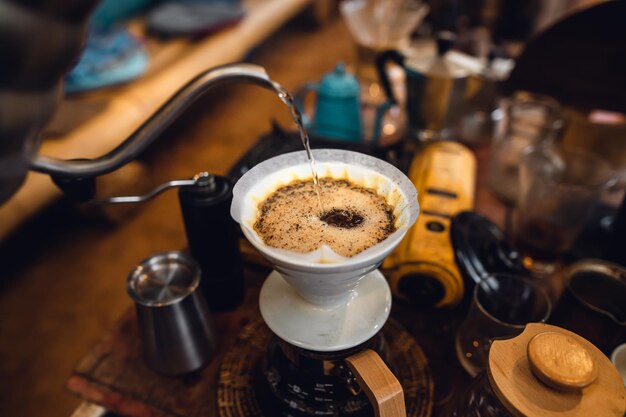 Closeup of hand make drip coffee in home