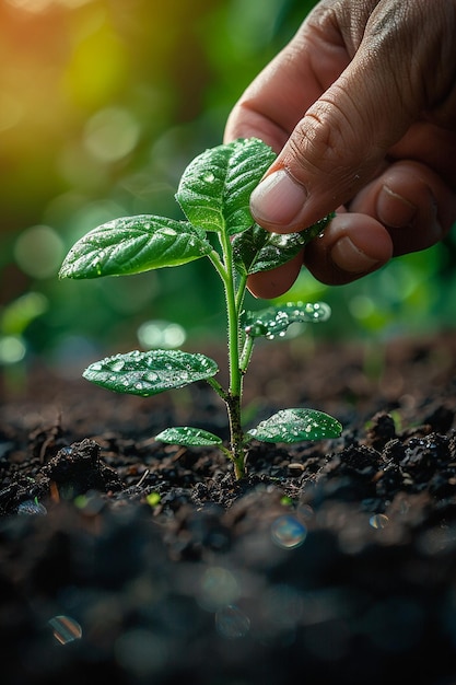 Closeup of a hand planting a seedling