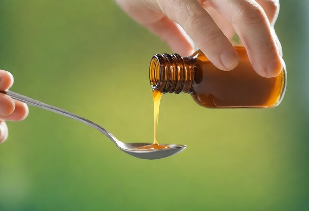 Photo closeup of a hand pouring liquid medicine from a brown bottle into a spoon against a blurred green background with a white flower in the foreground