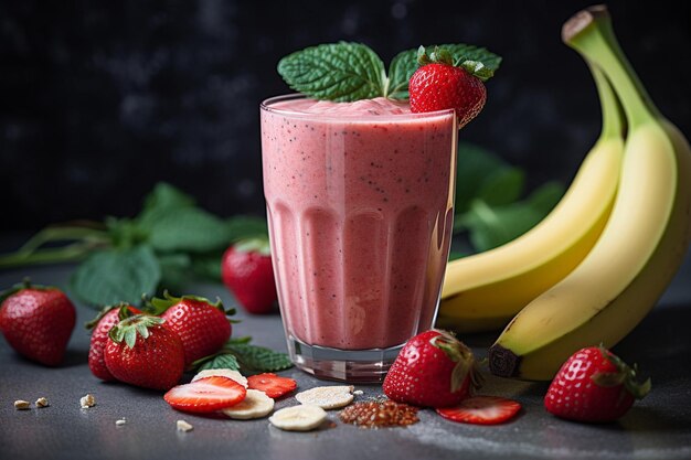 Closeup of a hand pouring yogurt into the blender with strawberries and bananas