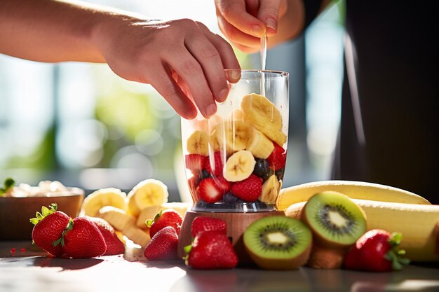 Photo closeup of a hand pouring yogurt into the blender with strawberries and bananas