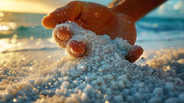 Photo closeup of a hand scooping up soft powdery sand