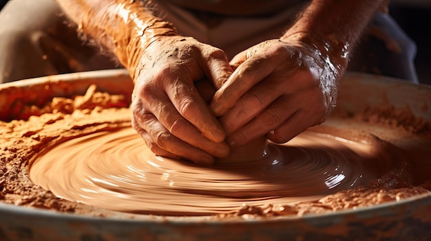 Closeup of Hand Shaping Clay on Potter's Wheel Highlighting the Skill of Creation AI Generated