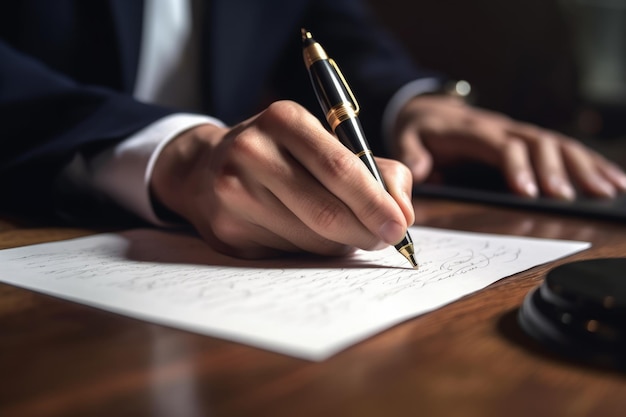 CloseUp of Hand Signing Legal Document with Fountain Pen