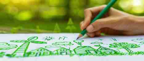 Photo closeup of a hand sketching a green sustainable energy plan on paper