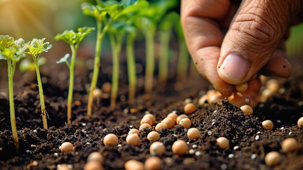 A Closeup of a hand sowing seeds in the fertile soil