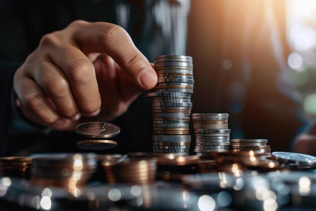 Closeup of hand stacking coins in increasing columns on dark background