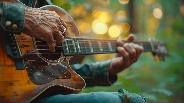 Photo closeup of a hand strumming a guitar