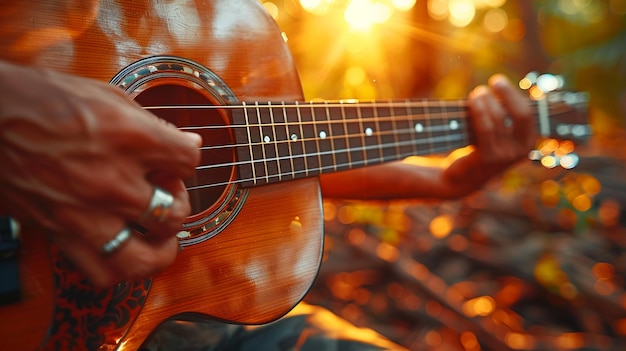 Photo closeup of a hand strumming a guitar