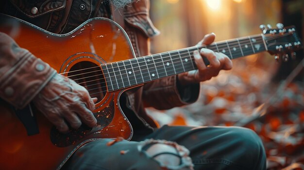 Photo closeup of a hand strumming a guitar