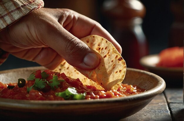 Foto un primo piano di una mano che strappa un pezzo di caldo per