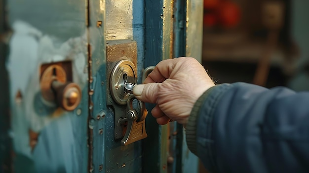 A closeup of a hand unlocking a padlock with a key The padlock is attached to a rusty metal door