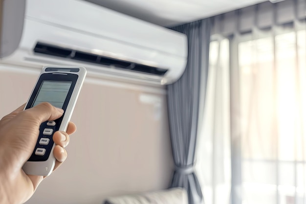 Photo closeup of hand using remote to adjust temperature on wall air conditioner unit