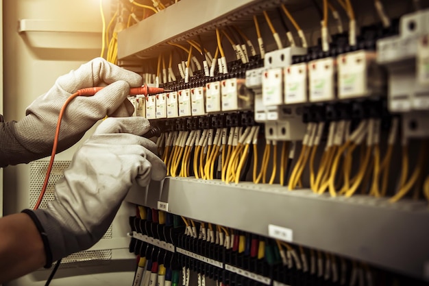 Closeup hand van elektrotechniek met behulp van meten om elektriciteit te controleren