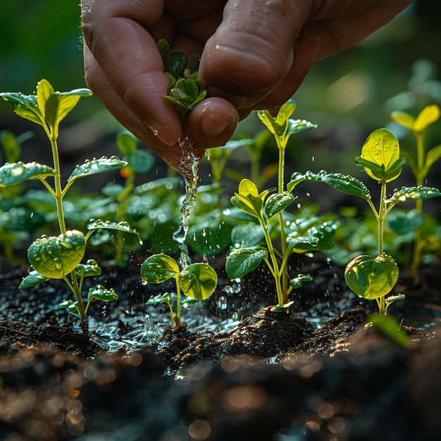 Closeup of a hand watering plants