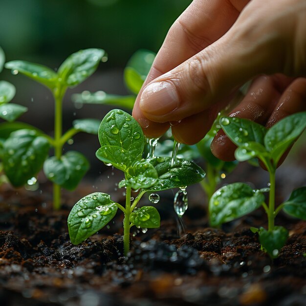 植物に水を注ぐ手のクローズアップ