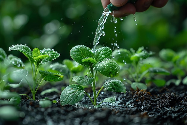 植物に水を注ぐ手のクローズアップ