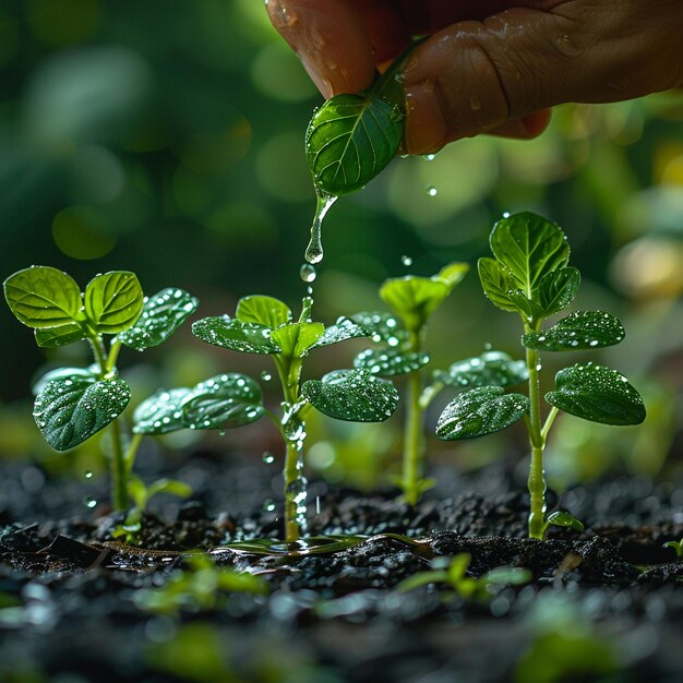 Closeup of a hand watering plants