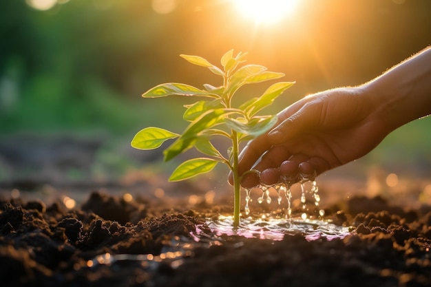 CloseUp Hand Watering Young Tree Generative AI