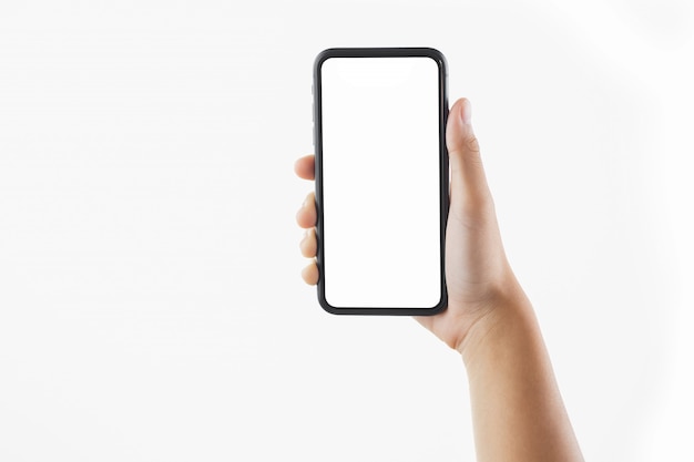 closeup hand woman holding black smartphone blank screen isolated