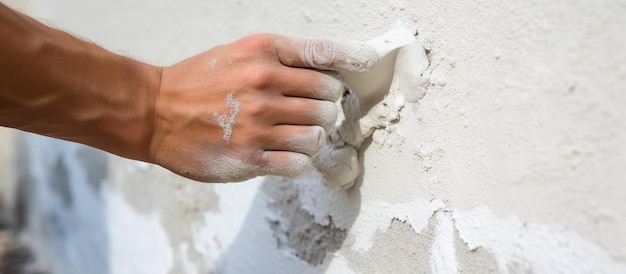 Foto mano di un operaio che intoncia cemento al muro per la costruzione di una casa