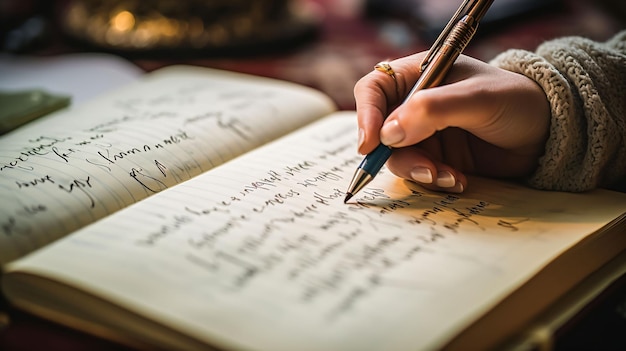 A closeup of a hand writing in a journal