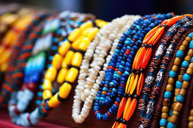 Photo closeup of handcrafted beaded necklaces at a fair