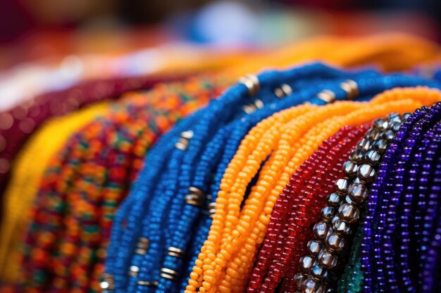 Closeup of handcrafted beaded necklaces at a fair