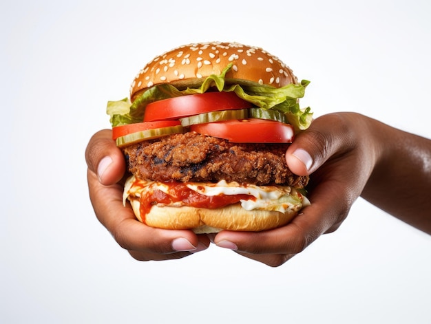 CloseUp Handen die een hamburger vasthouden op een witte achtergrond Fastfood lekker Generatieve AI